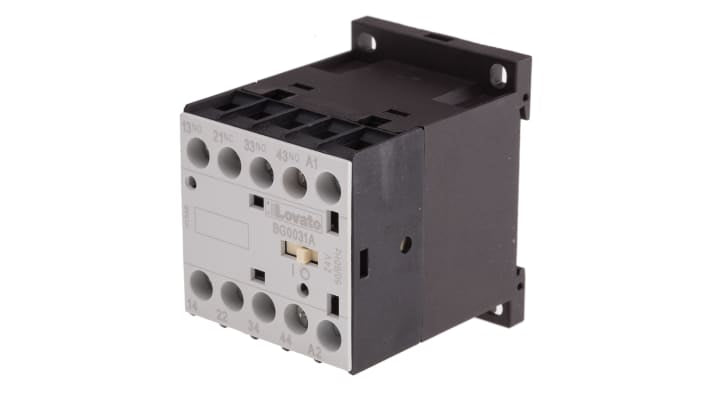 Relè contattore Lovato 11BG0031A024, 4 poli, 10 A, 24 V c.a., montaggio su guida DIN, dimensioni 44x58x57 mm, grado di protezione IP20.