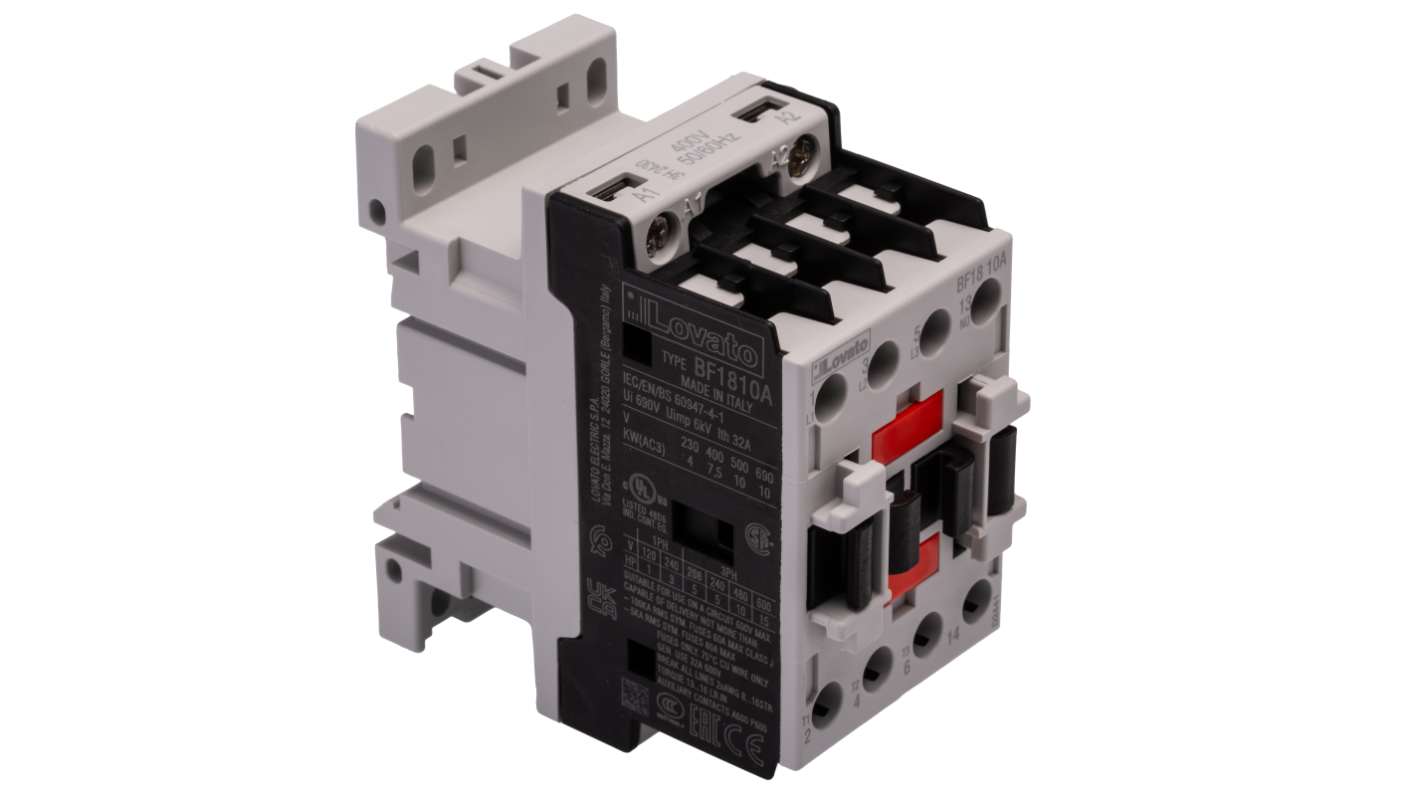 Contattore Lovato BF1810A400, 3 poli, corrente 18 A, montaggio su guida DIN 35 mm, dimensioni 81 x 45 x 80.7 mm, grado di protezione IP20.