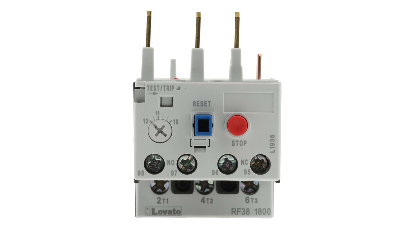 Relè di sovraccarico termico Lovato RF381800, 3 poli, FLC 13-18 A, montaggio su contattori BF, intervallo -25/+60 °C.