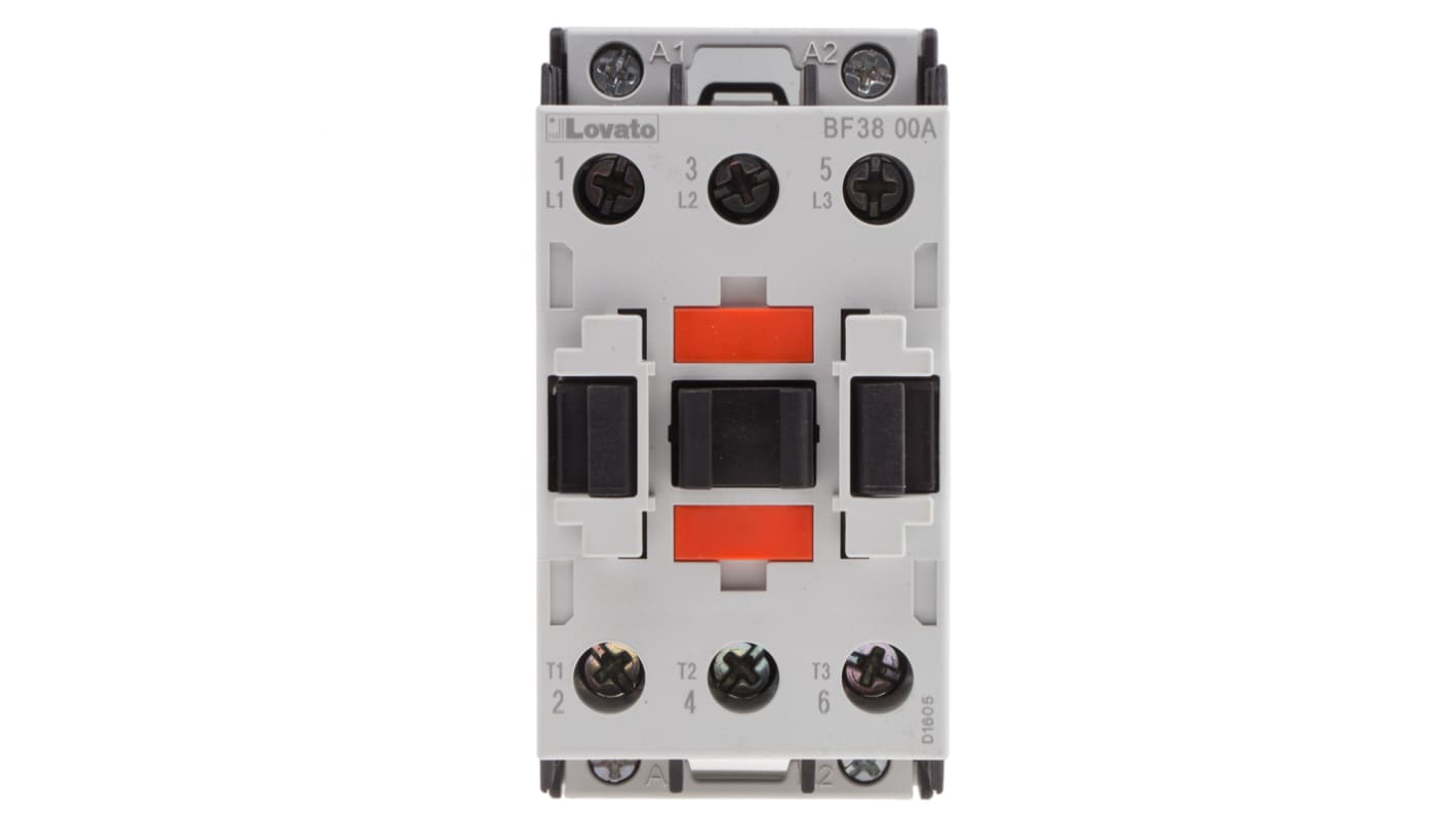 Contattore Lovato BF3800A400, 3 poli, 38 A, montaggio su guida DIN 35 mm, dimensioni 90x45x90 mm, grado di protezione IP20.