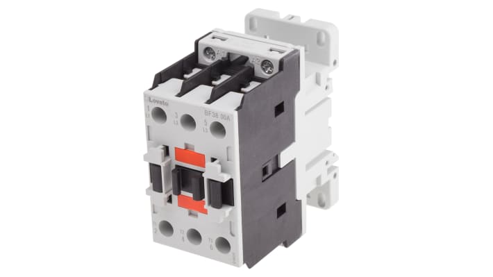 Contattore Lovato BF3800A400, 3 poli, 38 A, montaggio su guida DIN 35 mm, dimensioni 90x45x90 mm, grado di protezione IP20.