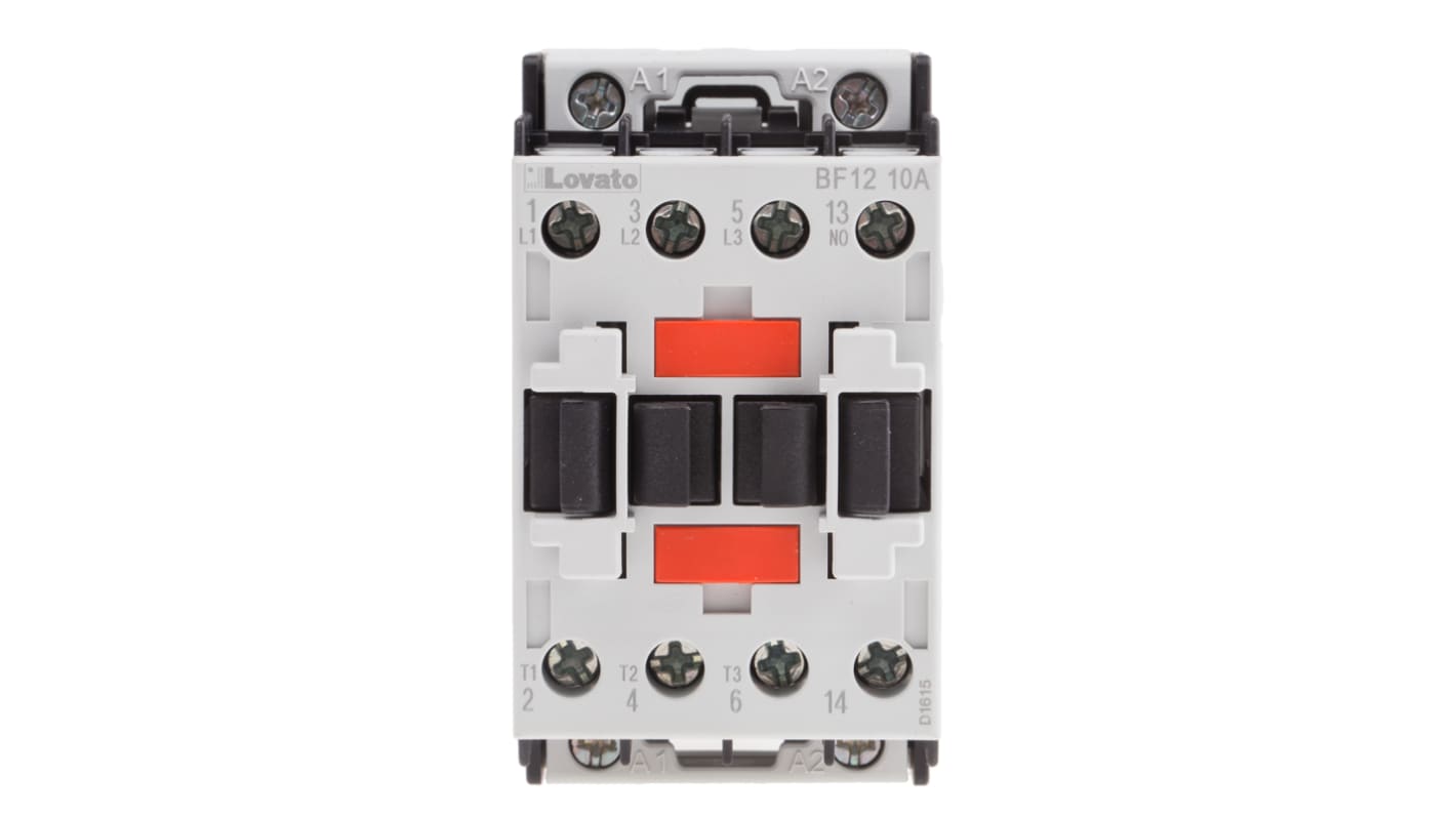 Contattore Lovato BF1210A024, 3 poli, 12 A, bobina 24 V c.a., montaggio su guida DIN 35 mm, dimensioni 45 x 81 x 80.7 mm.