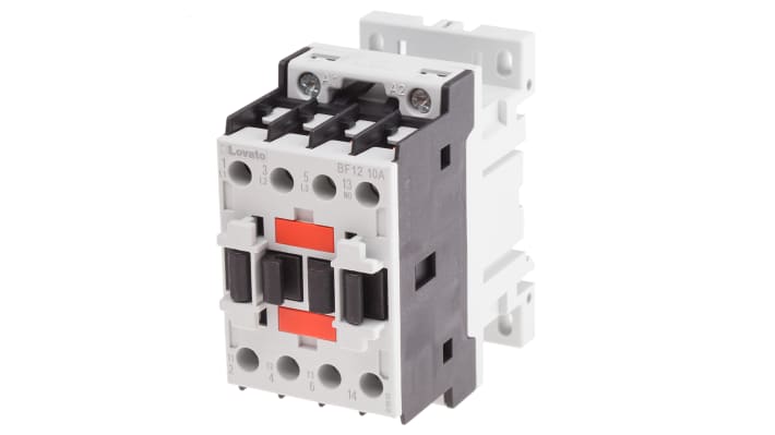 Contattore Lovato BF1210A024, 3 poli, 12 A, bobina 24 V c.a., montaggio su guida DIN 35 mm, dimensioni 45 x 81 x 80.7 mm.