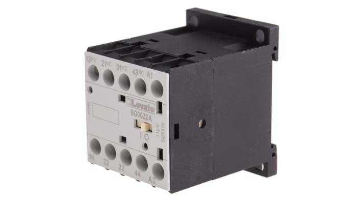 Relè contattore Lovato 11BG0022A110, 4 poli, 10 A, 110 V c.a., montaggio su guida DIN, dimensioni 58x44x57 mm, grado di protezione IP20.