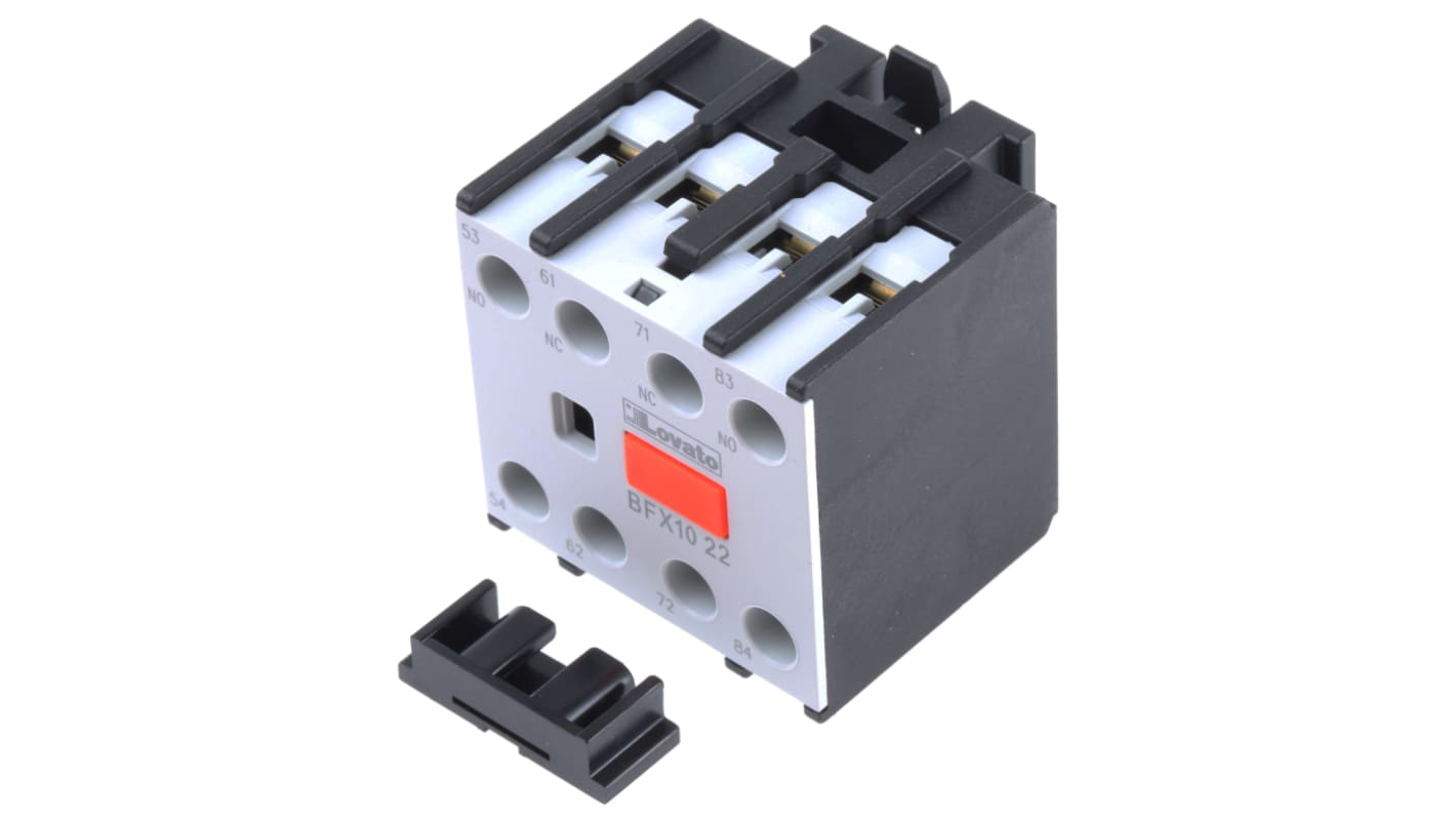Blocco contatti ausiliari Lovato BFX1022, 4 contatti (2NC + 2NO), montaggio a innesto, corrente 10 A, tensione 690 V, grado di protezione IP20.