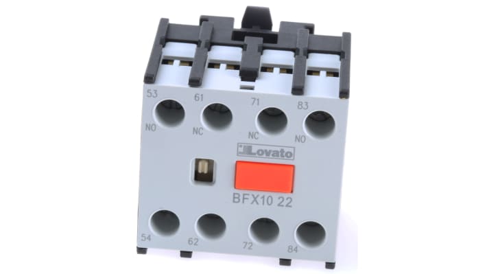 Blocco contatti ausiliari Lovato BFX1022, 4 contatti (2NC + 2NO), montaggio a innesto, corrente 10 A, tensione 690 V, grado di protezione IP20.