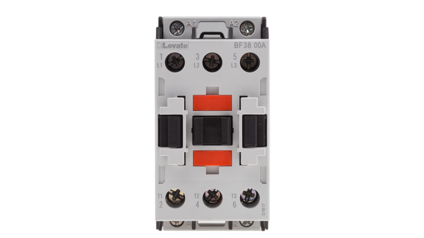 Contattore Lovato BF3800A024, 3 poli, 38 A, bobina 24 V c.a., montaggio su guida DIN 35 mm, dimensioni 45x90x90 mm.