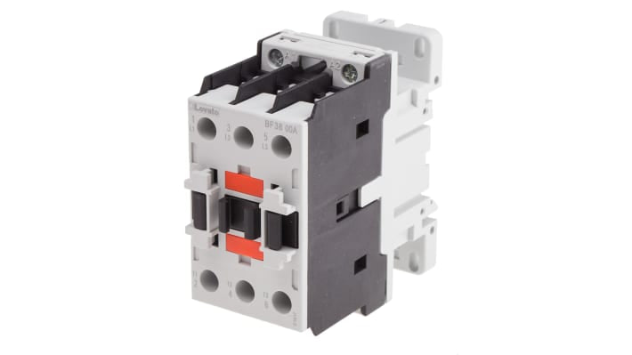 Contattore Lovato BF3800A024, 3 poli, 38 A, bobina 24 V c.a., montaggio su guida DIN 35 mm, dimensioni 45x90x90 mm.
