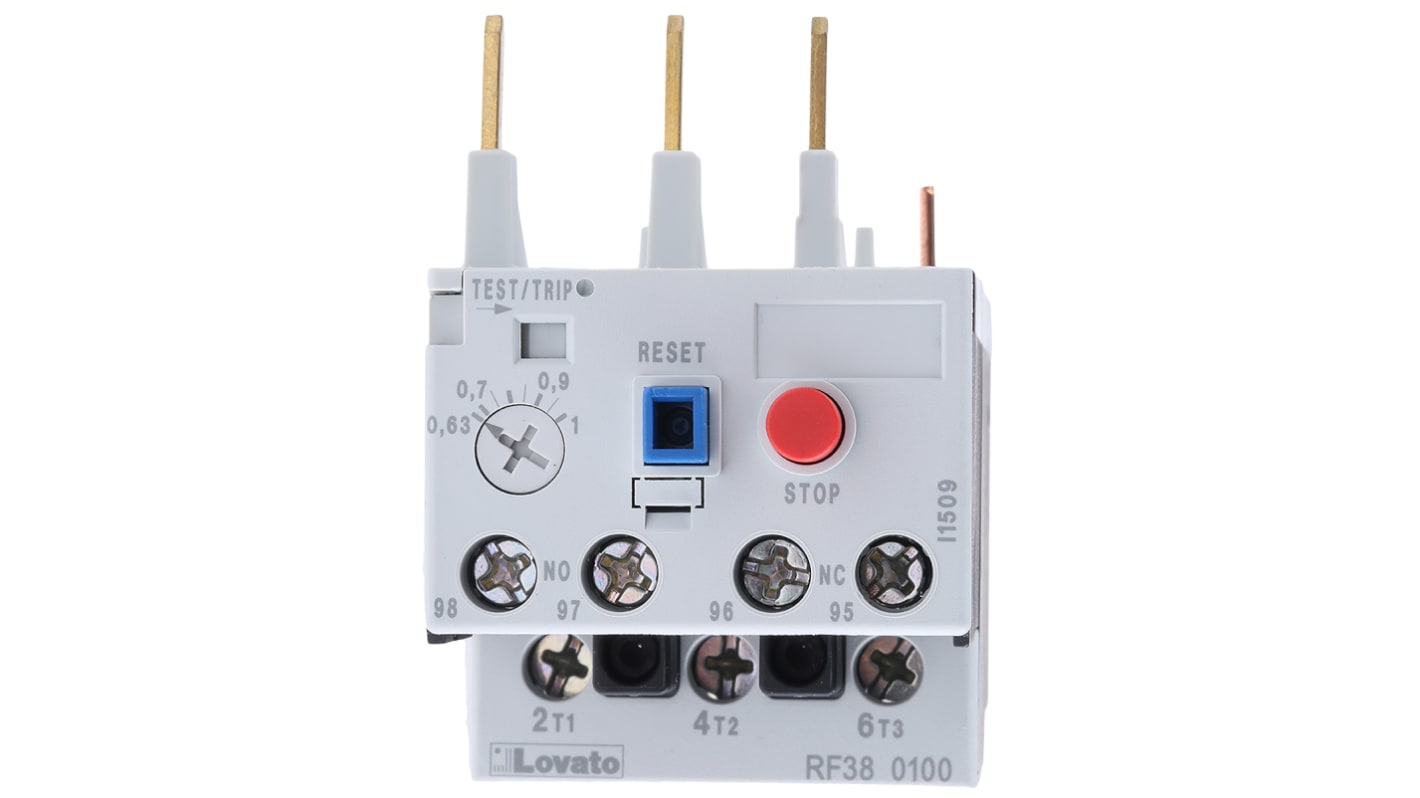Lovato RF380100, relè di sovraccarico termico 3 poli, corrente 1 A, montaggio su contattori BF09-BF38, dimensioni 45x81x80,7 mm.