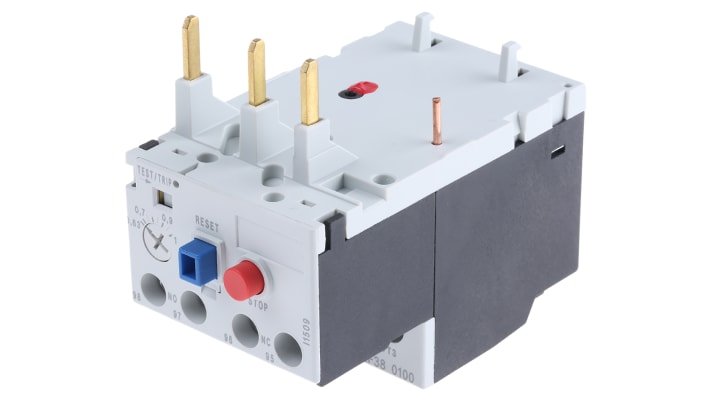 Lovato RF380100, relè di sovraccarico termico 3 poli, corrente 1 A, montaggio su contattori BF09-BF38, dimensioni 45x81x80,7 mm.