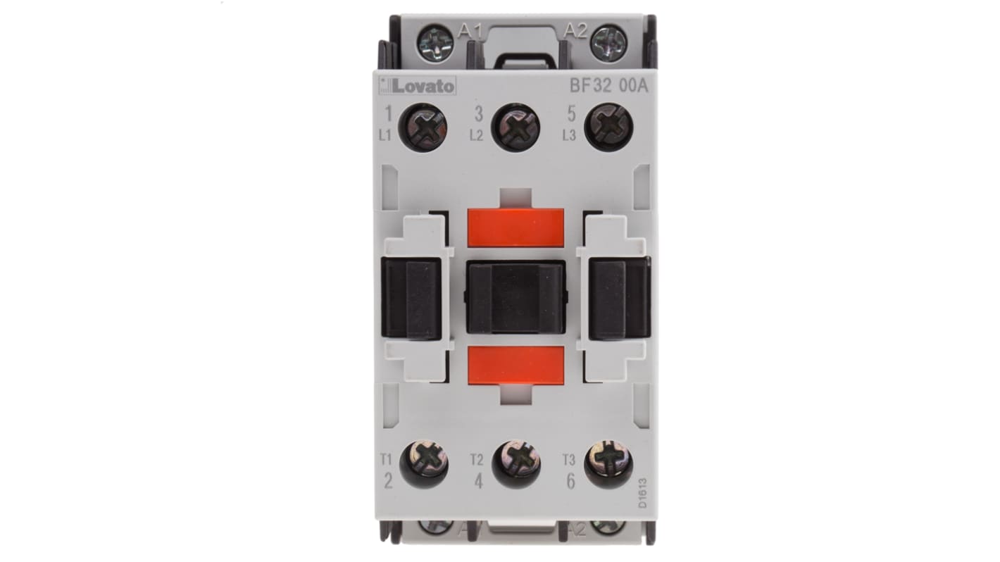 Contattore Lovato BF3200A400, 3 poli, 32 A, bobina 400 V, montaggio su guida DIN 35 mm, dimensioni 90x45x90 mm.