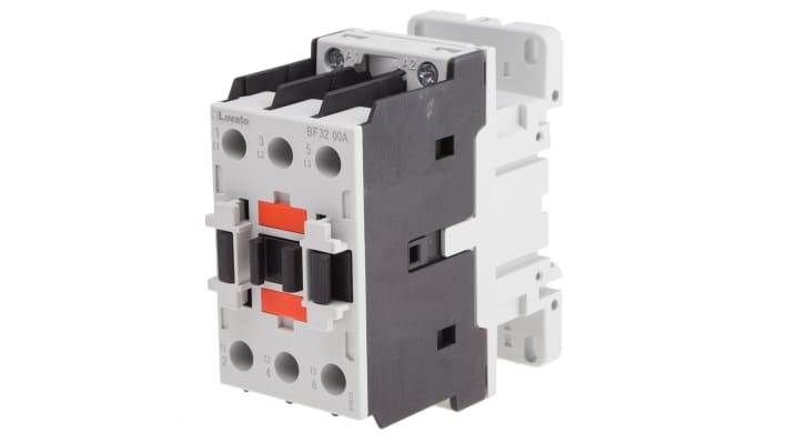 Contattore Lovato BF3200A400, 3 poli, 32 A, bobina 400 V, montaggio su guida DIN 35 mm, dimensioni 90x45x90 mm.