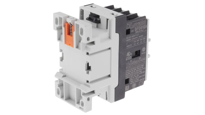 Contattore Lovato BF0910A400, 3 poli, 9 A, bobina 400 V, montaggio su guida DIN 35 mm, dimensioni 81 x 45 x 80.7 mm.