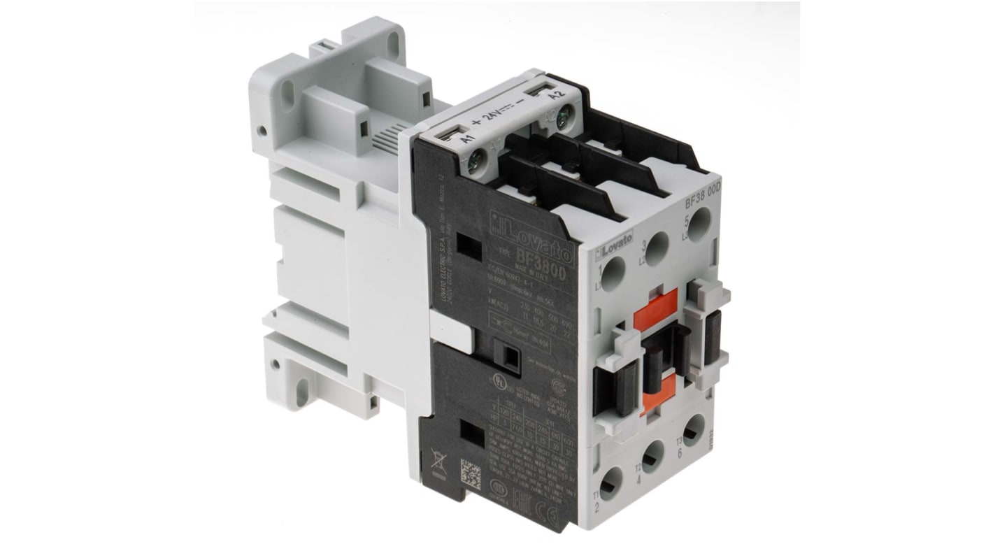 Contattore Lovato BF3800D024, 3 poli, 38 A, bobina 24 V c.c., montaggio su guida DIN 35 mm, dimensioni 45x90x90 mm.