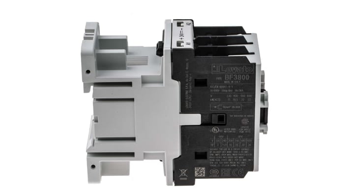 Contattore Lovato BF3800D024, 3 poli, 38 A, bobina 24 V c.c., montaggio su guida DIN 35 mm, dimensioni 45x90x90 mm.