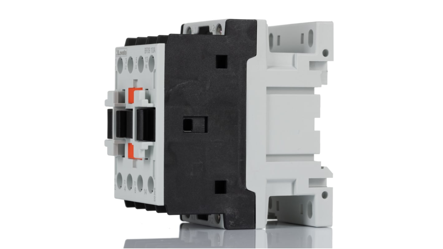 Contattore Lovato BF0910A230, 3 poli, 9 A, 230 V c.a., montaggio su guida DIN, dimensioni 81x45x80.7 mm, IP20.