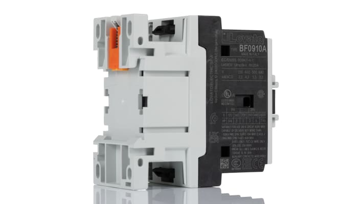Contattore Lovato BF0910A230, 3 poli, 9 A, 230 V c.a., montaggio su guida DIN, dimensioni 81x45x80.7 mm, IP20.