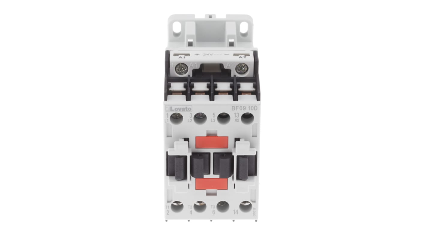 Contattore Lovato BF0910D024, 3 poli, 9 A, bobina 24 V c.c., montaggio su guida DIN, dimensioni 81 x 45 x 80.7 mm.