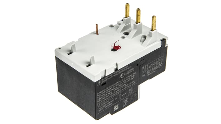 Relè di sovraccarico termico Lovato RF380400, 3 poli, 4 A, montaggio su contattori BF, reset automatico e manuale.