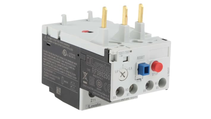 Lovato RF380250, relè di sovraccarico termico 3 poli, 2,5 A, montaggio su contattori BF09-BF38, dimensioni 134,8 x 45 x 90 mm.
