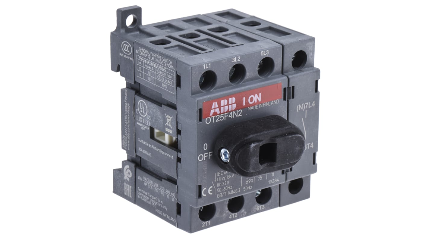 Interruttore di isolamento ABB OT25F4N2, 4 poli, 25A, montaggio su base, dimensioni 68mm x 48mm x 56mm, protezione IP20.