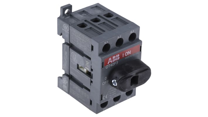Interruttore sezionatore ABB OT40F3, 3 poli, 40A, montaggio su guida DIN, dimensioni 68mm x 35mm x 56mm, grado di protezione IP20.