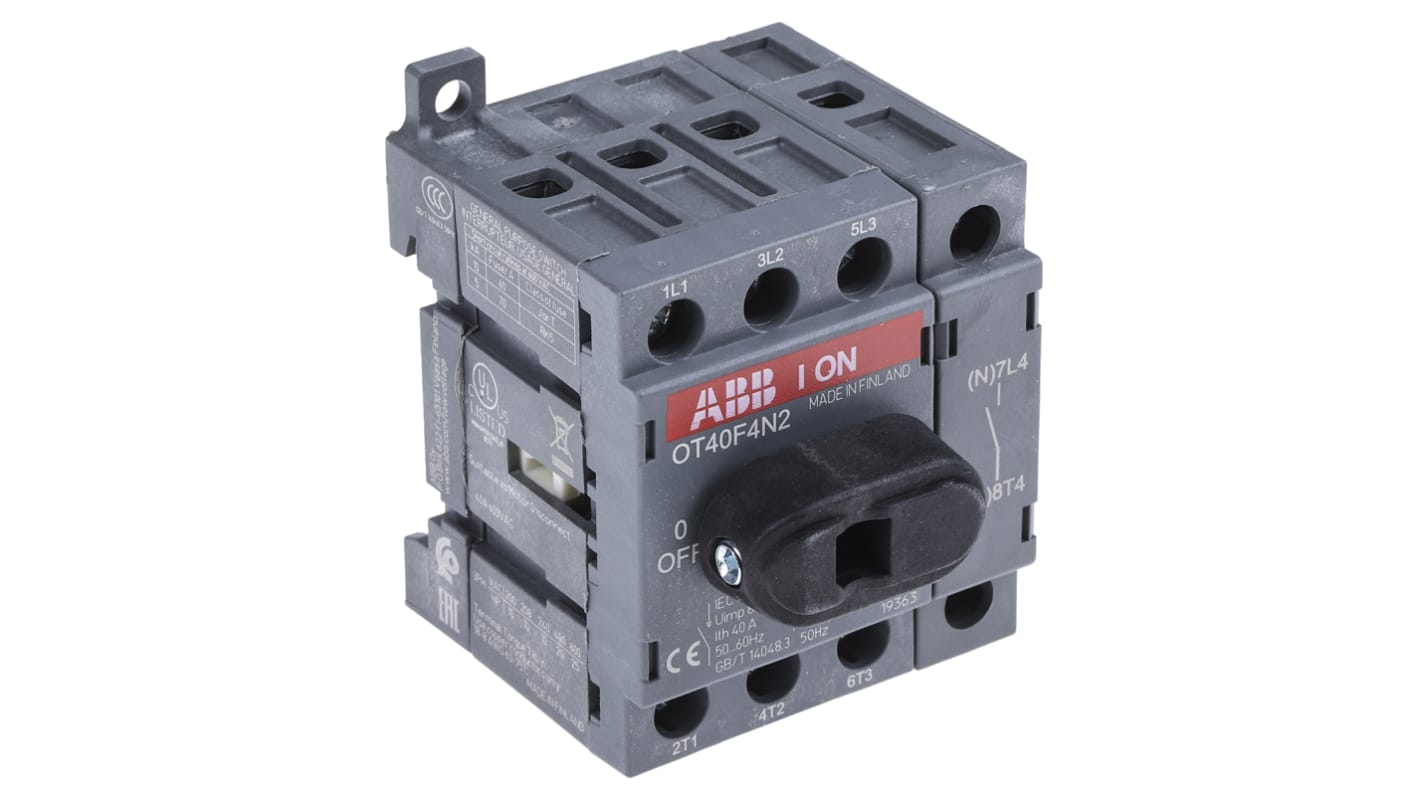 Interruttore di isolamento ABB OT40F4N2, 4 poli, montaggio su guida DIN, corrente 40A, dimensioni 68mm x 48mm x 56mm.