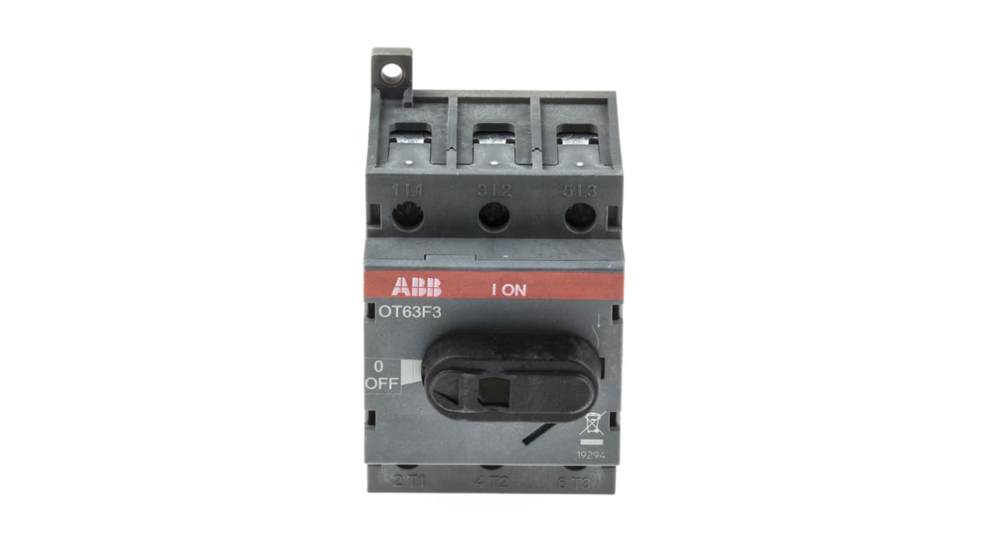 Interruttore di isolamento ABB OT63F3, 3 poli, 63A, montaggio su base, dimensioni 92x53x73mm, protezione IP20.