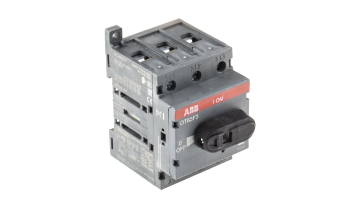 Interruttore di isolamento ABB OT63F3, 3 poli, 63A, montaggio su base, dimensioni 92x53x73mm, protezione IP20.