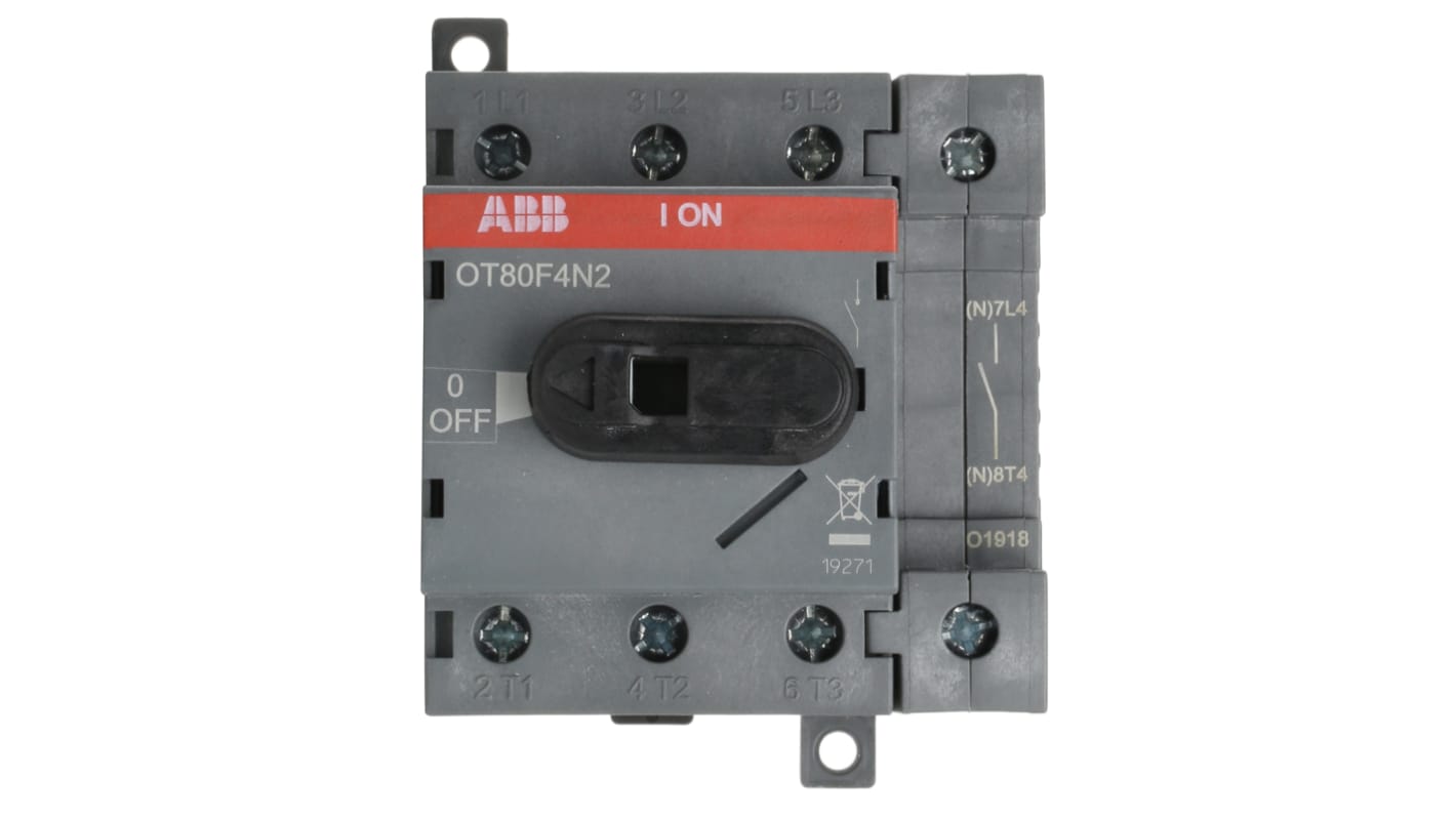 Interruttore di isolamento ABB 4 poli, 80A, 750V, montaggio su base, dimensioni 92x64x73mm, grado di protezione IP20.