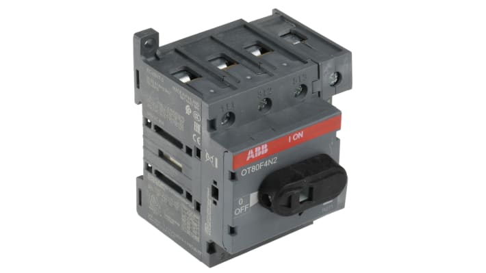 Interruttore di isolamento ABB 4 poli, 80A, 750V, montaggio su base, dimensioni 92x64x73mm, grado di protezione IP20.