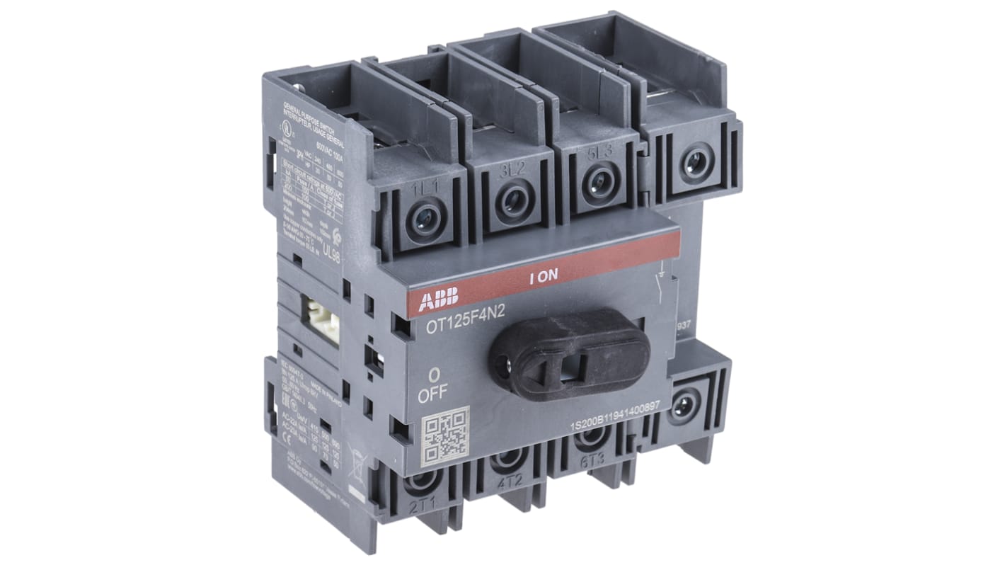 Interruttore di isolamento ABB 4 poli, 125A, 750V, montaggio su base, dimensioni 96,5x74x100mm, grado di protezione IP20.