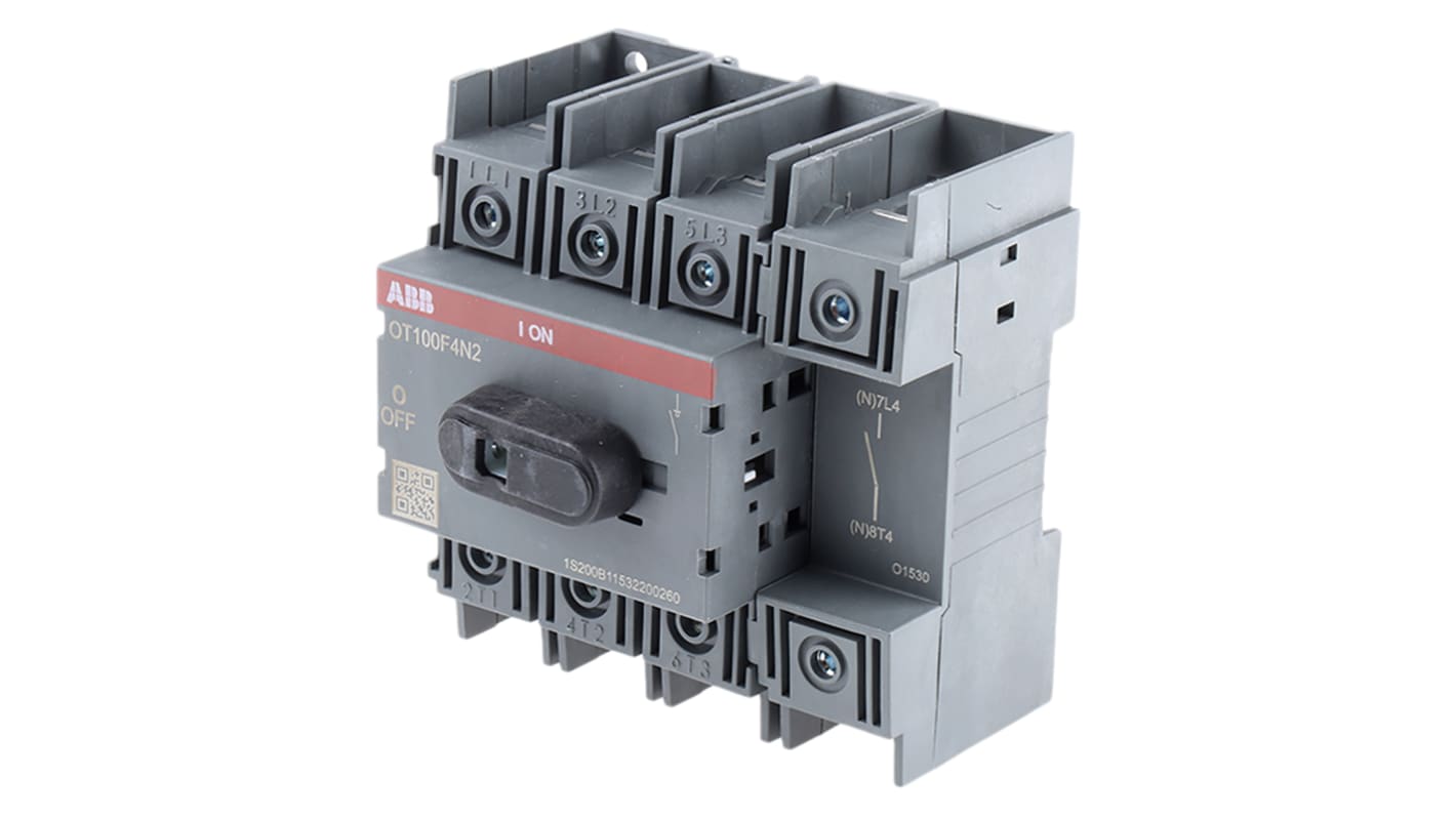 Interruttore di isolamento ABB OT100F4N2, 4 poli, 100 A, montaggio su base, dimensioni 100x97x74 mm, protezione IP20.