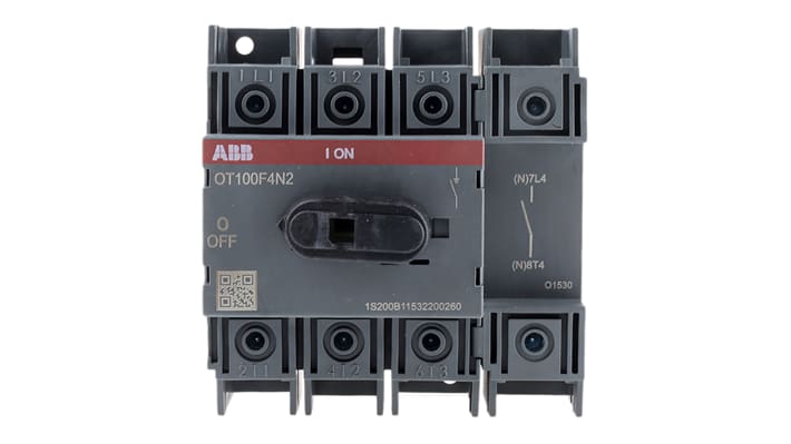 Interruttore di isolamento ABB OT100F4N2, 4 poli, 100 A, montaggio su base, dimensioni 100x97x74 mm, protezione IP20.