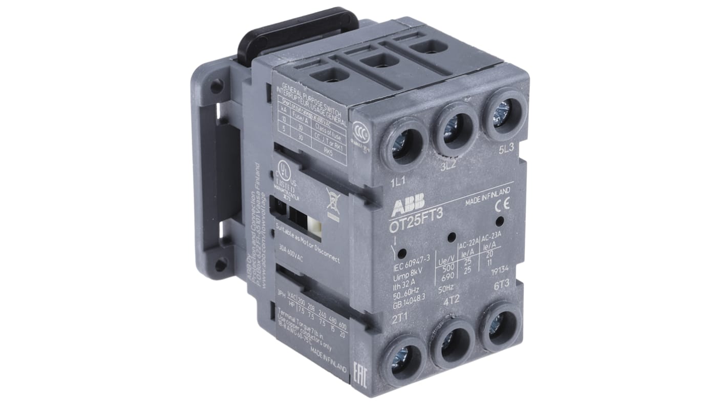 Interruttore di isolamento ABB 3 poli, 25A, 750V, montaggio a pannello, grado di protezione IP20, modello 1SCA104884R1001.