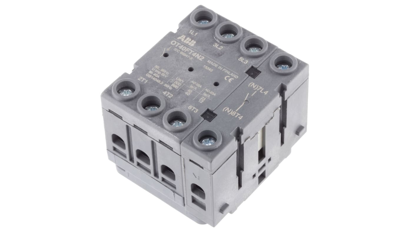 Interruttore di isolamento ABB OT40FT4N2, 4 poli, montaggio a pannello, 40A, 750V, dimensioni 54mm x 49mm x 52mm, IP20.