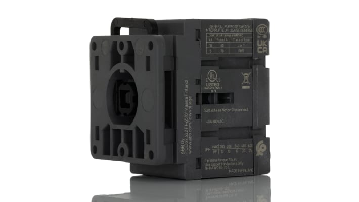 Interruttore sezionatore 3 poli ABB OT40FT3, 40A, 750V, montaggio a pannello, dimensioni 52x43x54 mm, grado di protezione IP20.