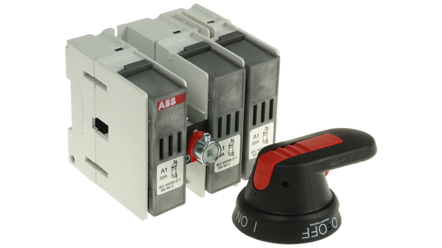 Sezionatore portafusibili ABB OS32FB, 3 poli, montaggio su guida DIN, corrente 32 A, dimensioni 106 x 97 x 105 mm.