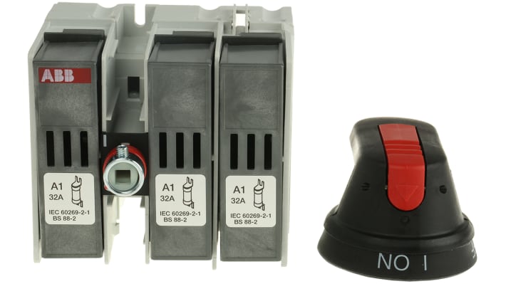 Sezionatore portafusibili ABB OS32FB, 3 poli, montaggio su guida DIN, corrente 32 A, dimensioni 106 x 97 x 105 mm.