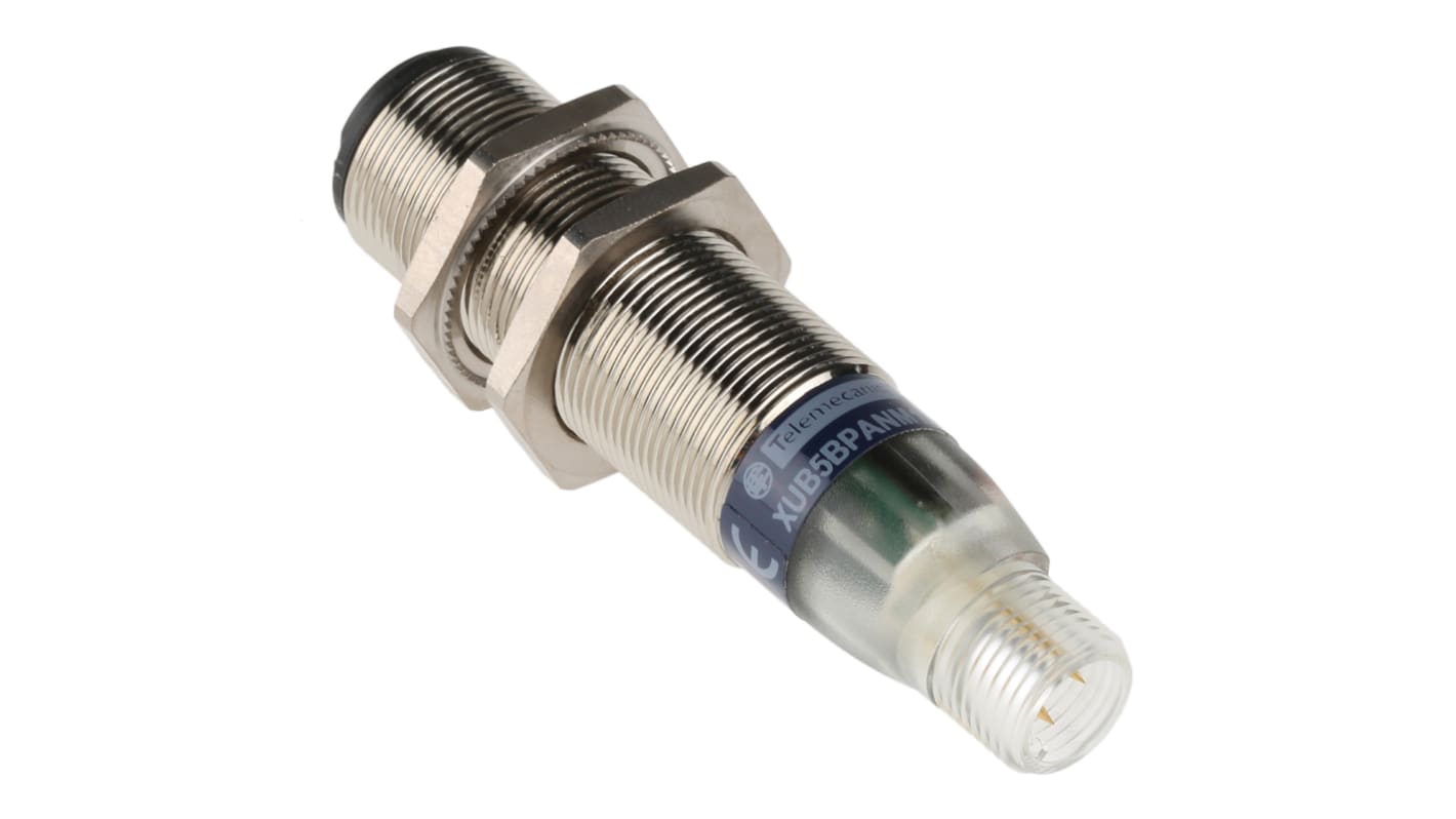 Sensore fotoelettrico cilindrico Telemecanique Sensors XUB5BPANM12, rilevamento diffuso fino a 600 mm, uscita PNP, IP65/IP67.