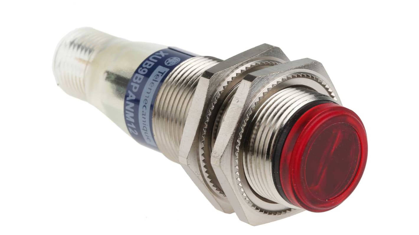 Sensore fotoelettrico cilindrico Telemecanique Sensors XUB9BPANM12, rilevamento a 2 m, uscita PNP, connettore M12.