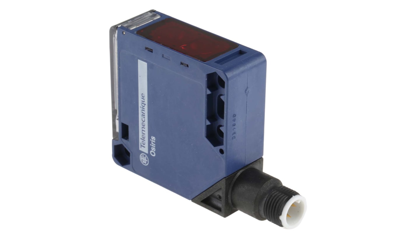 Sensore fotoelettrico compatto Telemecanique Sensors XUK9APANM12, rilevamento 5m, uscita PNP, design 50x50mm, IP65, ideale per applicazioni industriali.