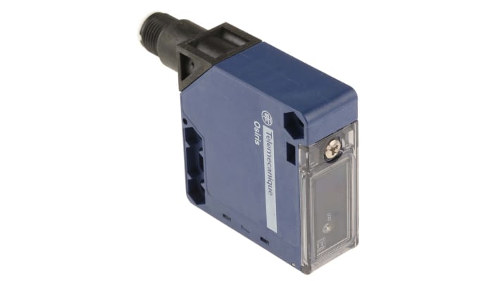 Sensore fotoelettrico compatto Telemecanique Sensors XUK9APANM12, rilevamento 5m, uscita PNP, design 50x50mm, IP65, ideale per applicazioni industriali.