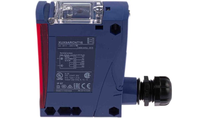 Sensore fotoelettrico Telemecanique XUX9ARCNT16, rilevamento retroriflessione 11m, IP67, temperatura -25 → +55 °C. Uscita Relè.