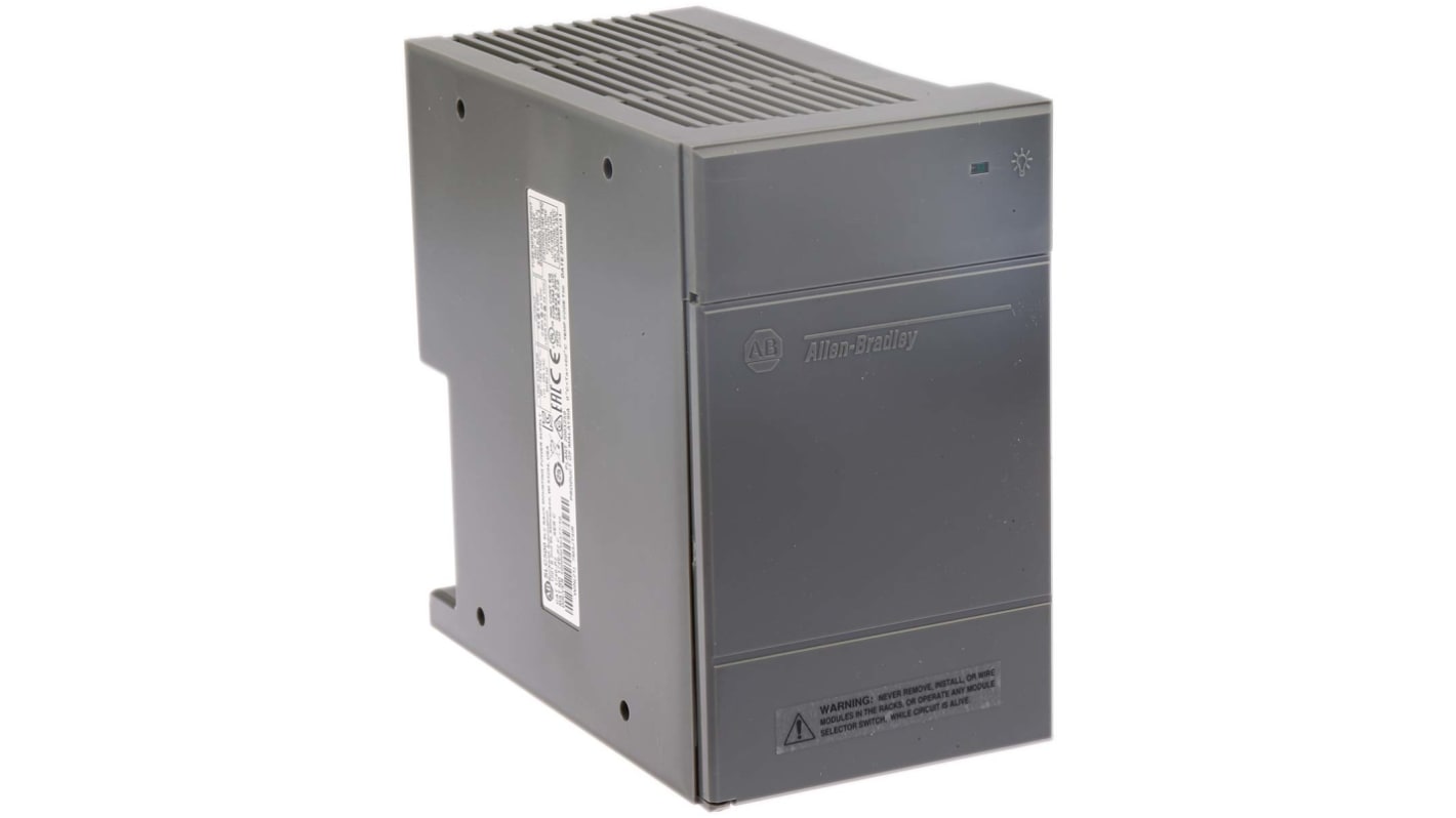 Alimentatore PLC Allen Bradley 1746-P2 per serie SLC 500, 120/240V, 5A, dimensioni 74x140x145 mm, con fusibile e LED.
