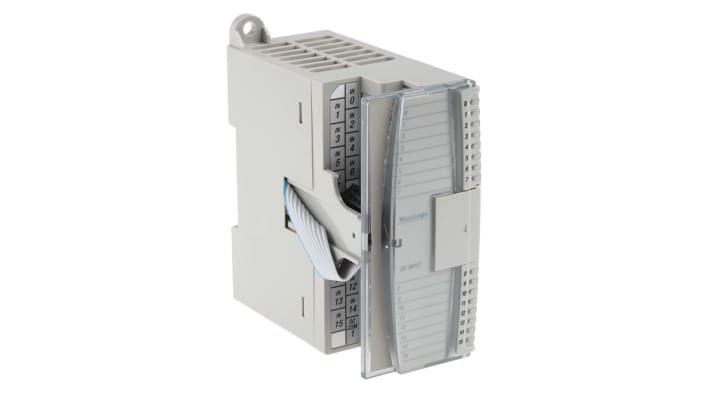 Modulo I/O Allen Bradley 1762-IQ16 per MicroLogix, 16 ingressi digitali, alimentazione 24VDC, dimensioni 87 x 40 x 90 mm.