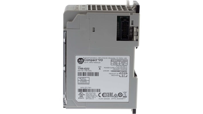 Modulo I/O Allen Bradley 1769-IQ32, 32 ingressi digitali, 24V, montaggio su guida DIN, dimensioni 118x52,5x87mm.