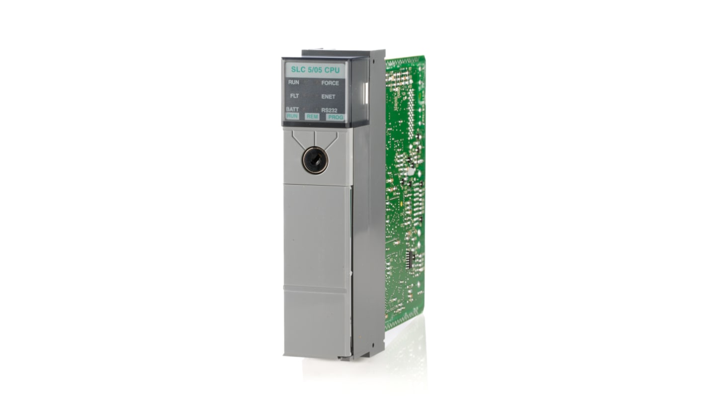 Allen Bradley 1747-L552, CPU PLC SLC 500, 5-24 V, interfaccia Ethernet, montaggio a pannello, dimensioni 145 x 35 x 142 mm.