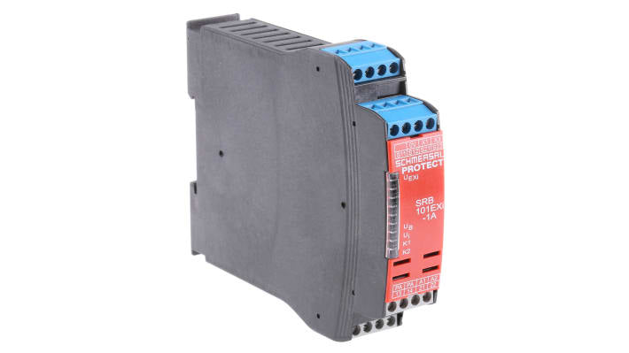 Relè di sicurezza Schmersal SRB101EXI-1A, 2 canali, 24V cc, montaggio su guida DIN, dimensioni 100mm x 22.5mm x 121mm.