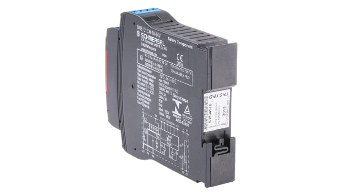 Relè di sicurezza Schmersal SRB101EXI-1A, 2 canali, 24V cc, montaggio su guida DIN, dimensioni 100mm x 22.5mm x 121mm.